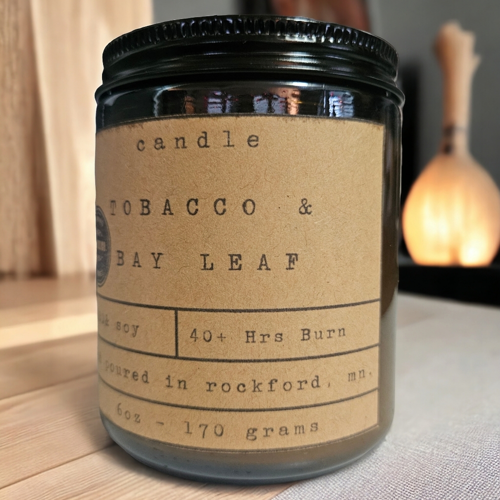 Hand Poured 6 oz Candle - Tobacco & Bay Leaf Scent - Picture 2 of 3